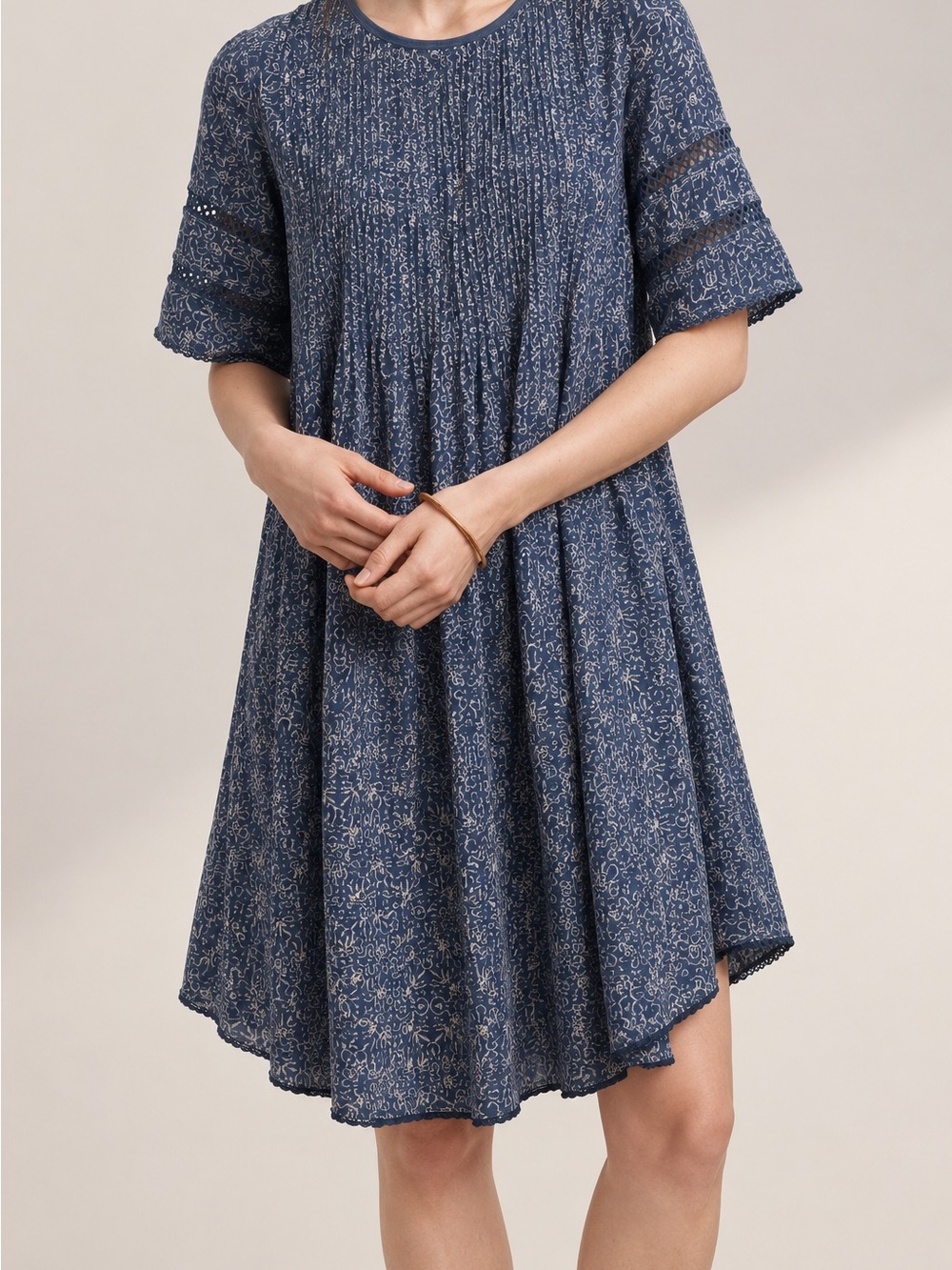 Wilfred Navy Floral Pintuck Swing Dress
